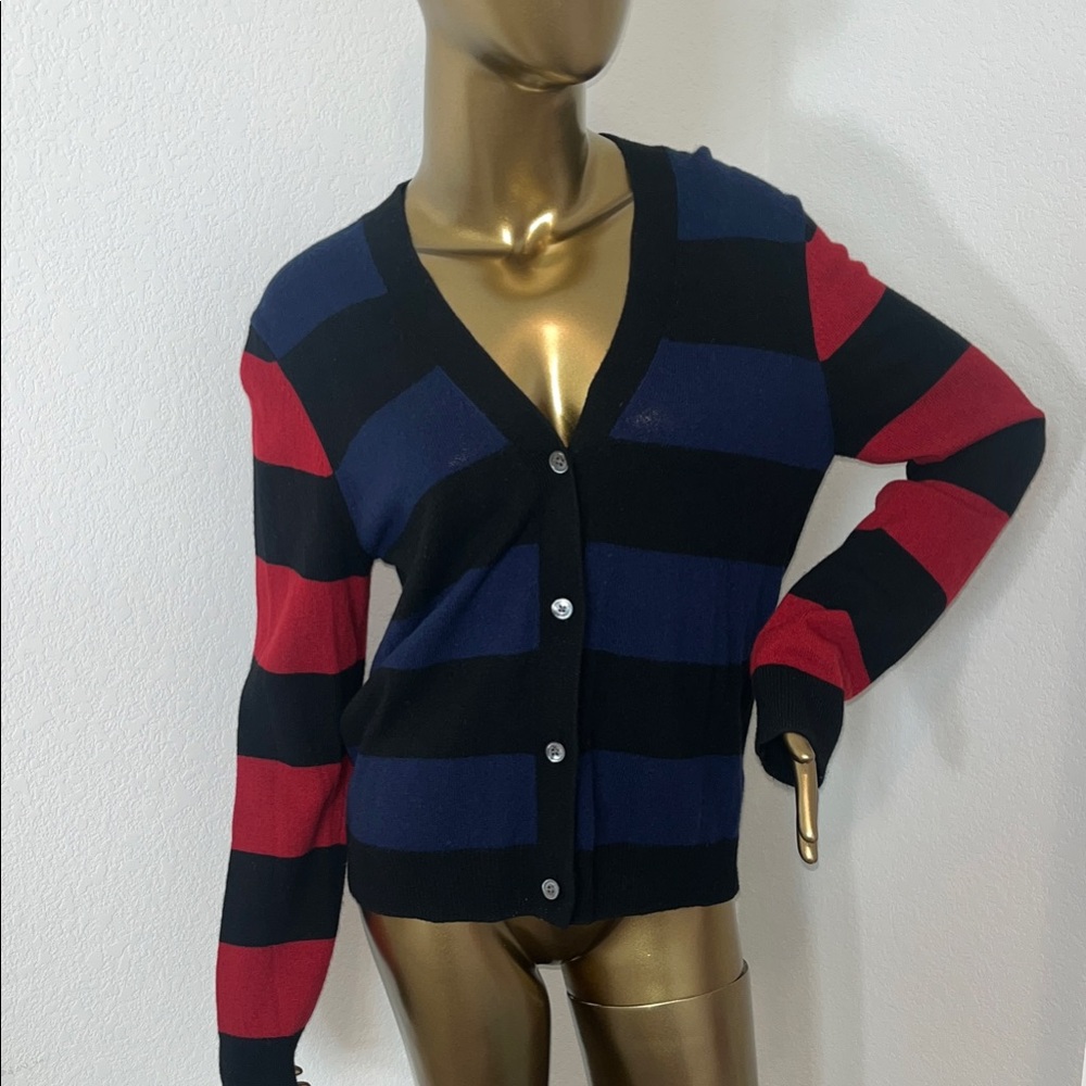 Equipment Femme Red Blue Striped V-Neck cashmere Cardigan Sweater